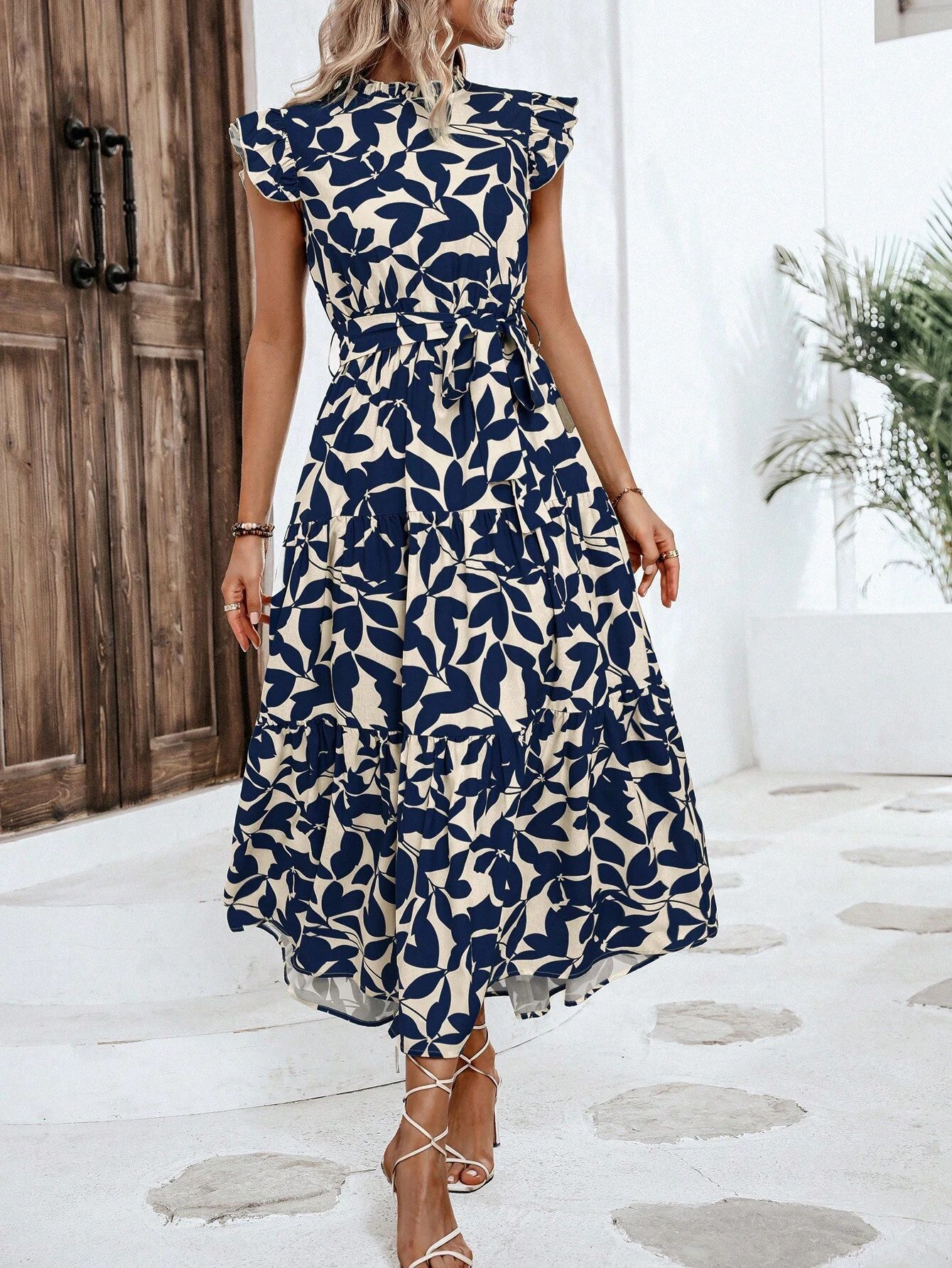 350g Weight Midi Dress Dress Length Type Sleeveless Sleeve Length Swing Dress Dresses Type Flounce Sleeve Sleeve Type Polyester Fabric Type High Waist Waist Line Holiday, Daily Occasion Standing Collar Neckline Slim Fit Type Leaf Pattern Summer Season Women's Gender Printing Design Elegant, Streetwear Style Wholesale Women's Elegant Streetwear Printing Leaf Holiday Daily Standing Collar Sleeveless Swing Dress 15
