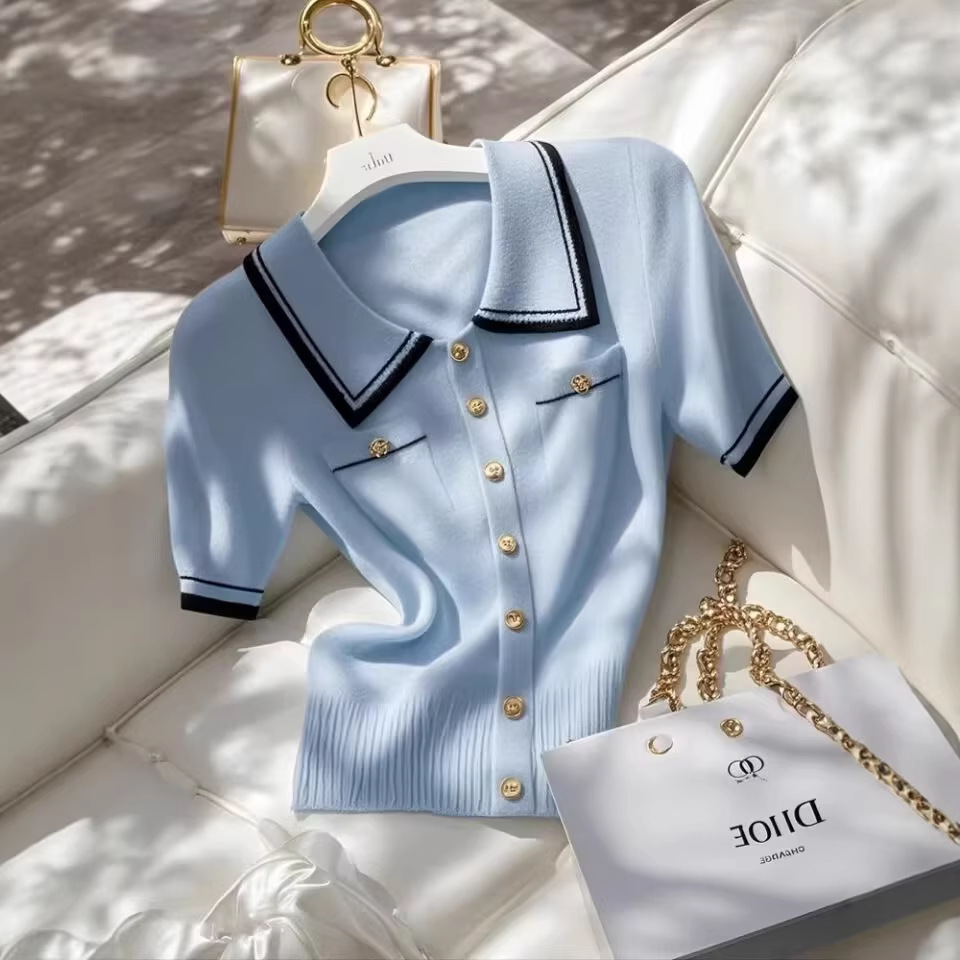 Áo thun nữ cổ polo tay ngắn phối màu xanh lam kiểu mới — xanh lam chi tiết 1