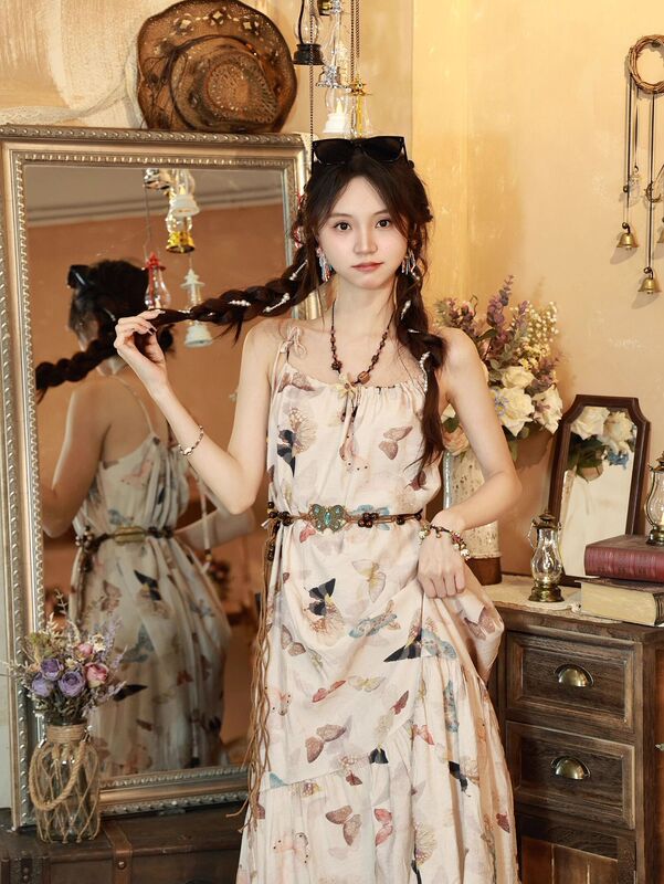 Bohemian Retro Sweet Long Dress Butterfly Print Dress Super Fairy Floral Beaded Loose Slimming Suspender Skirt