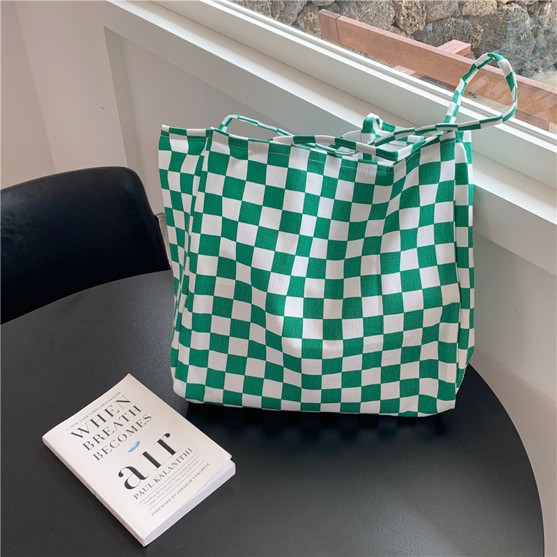 【 In Stock 】18181 checkerboard green checkered canvas bag, school-style commuter single-shoulder bag, retro hand-held tote bag undefined