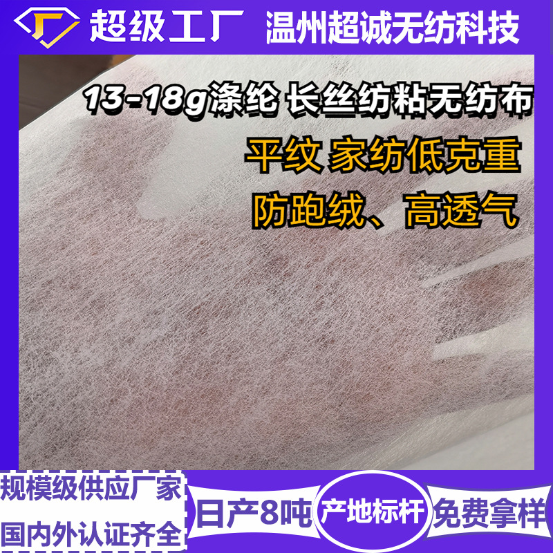 低克重涤纶家纺无纺布12g-18g粗细旦平辊平纹PET长丝纺粘无纺布