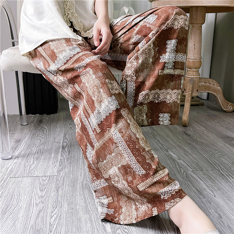 Pantalones de pijama de seda de algodón para mujer Pantalones de pierna ancha casuales impresos de dibujos animados delgados de verano las mujeres embarazadas pueden usar pantalones de comercio exterior pantalones de una sola capa