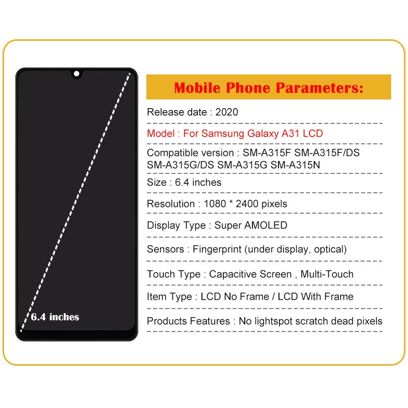 Подходит для Samsung A31 / A315 сборка экрана оригинальный ЖК-дисплей внутренний и внешний интегрированные экраны