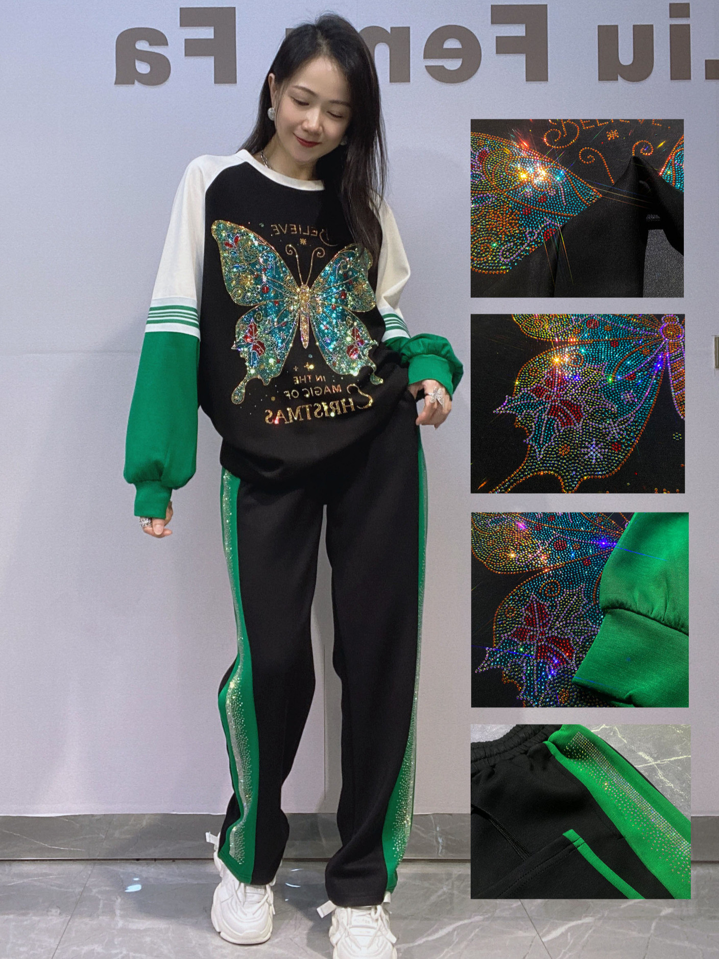 Trajes europeos de otoño de hombros de cuello redondo chaqueta de mangas largas pantalones largos trajes deportivos con diamantes de dos piezas