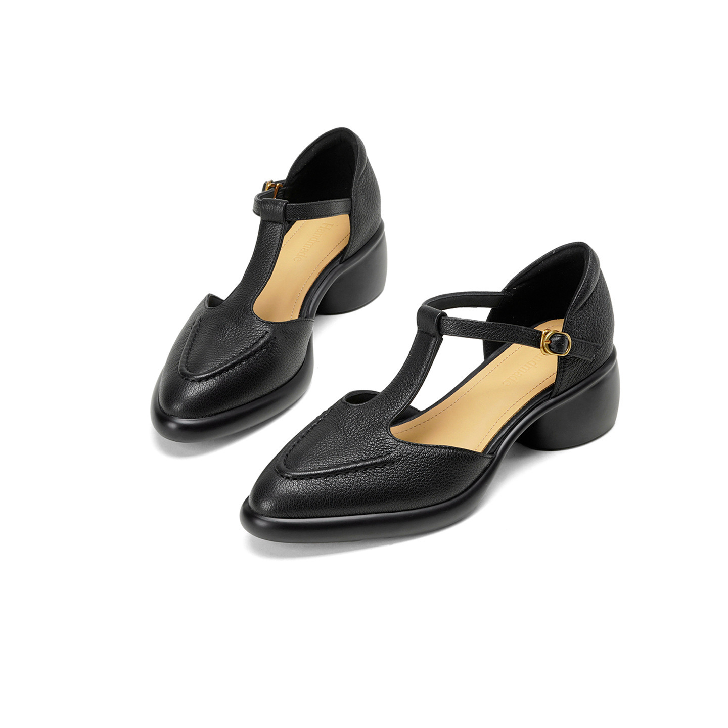 Sandal nữ quai chữ T gót vuông 5 cm mũi kín hở gót phong cách vintage — đen chi tiết 18