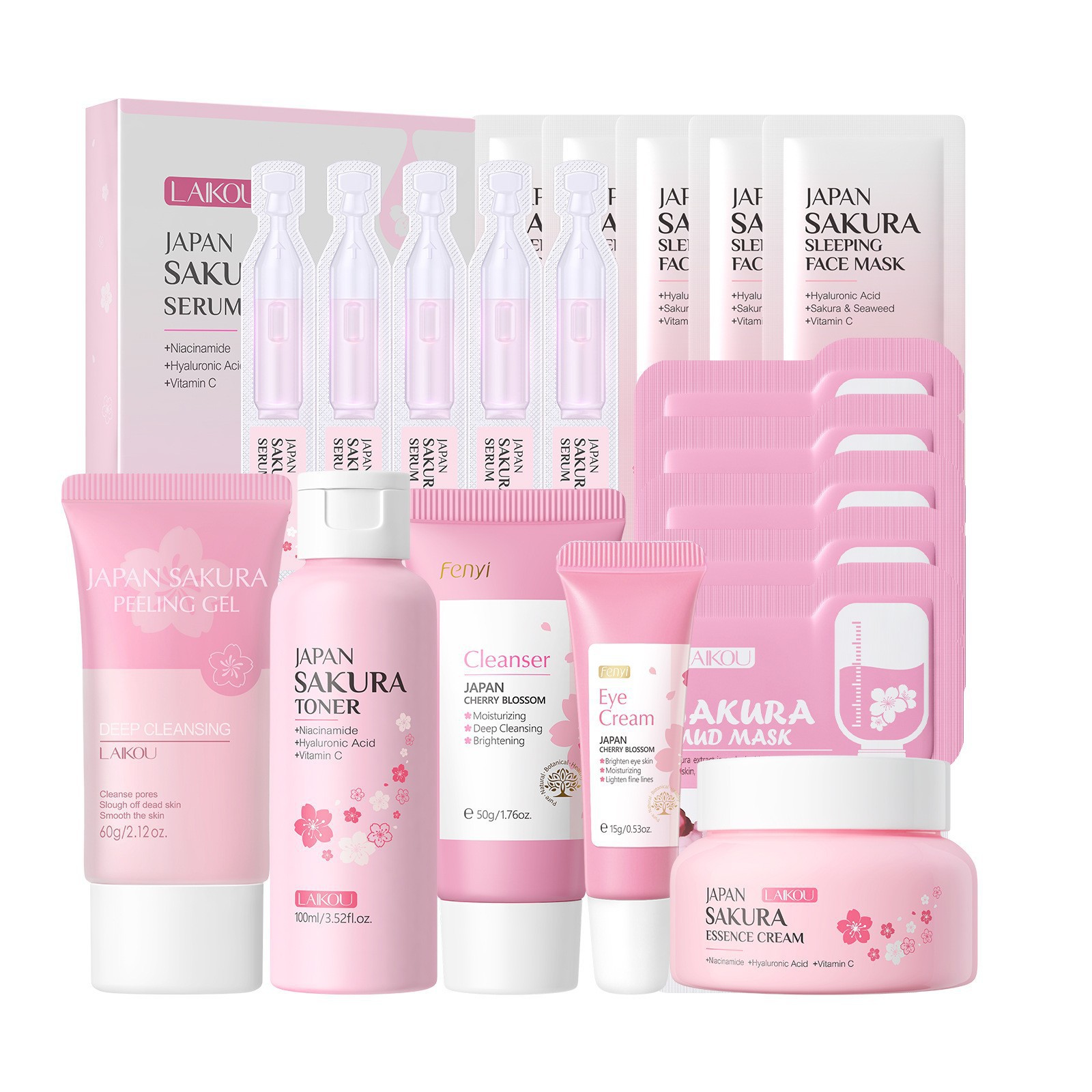 Nuevos productos transfronterizos LAIKOUFENYIQUIYUM combinación de flores de cerezo leche caracol paquete de cuidado de la piel comercio exterior en stock