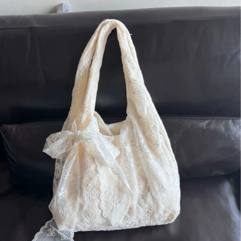 Korean Style Fresh Style Lace Flower Canvas Bag Women's 2025 New Arrival Large Capacity Shoulder Bag Commuter Underarm Bag
