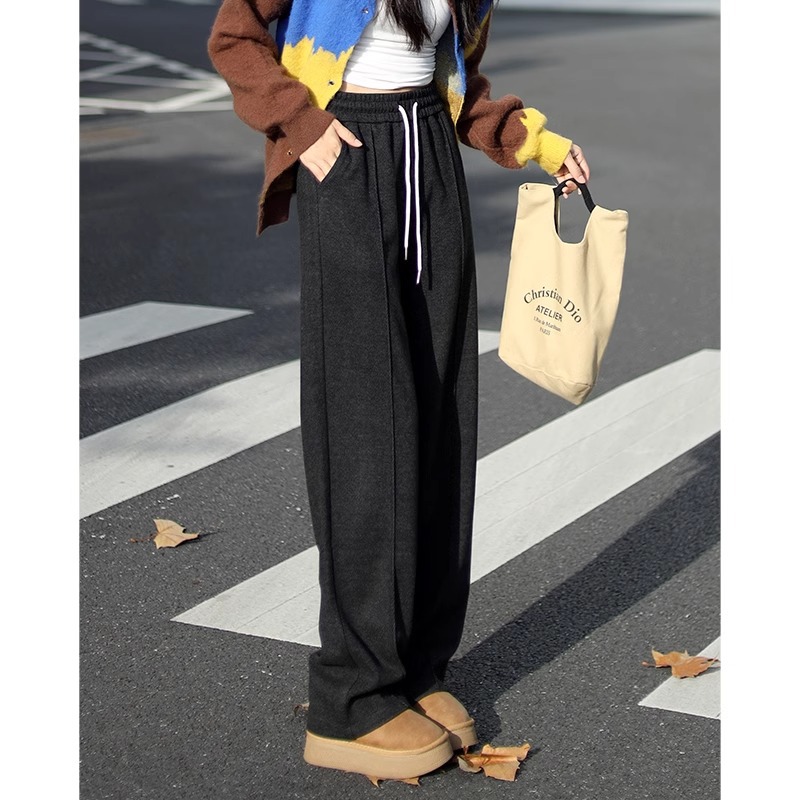 Pantalones de piernas anchas herringbone para mujeres 2024 nuevo otoño y invierno de lana estrecha alargada alta sensación de super hermosos pantalones casuales