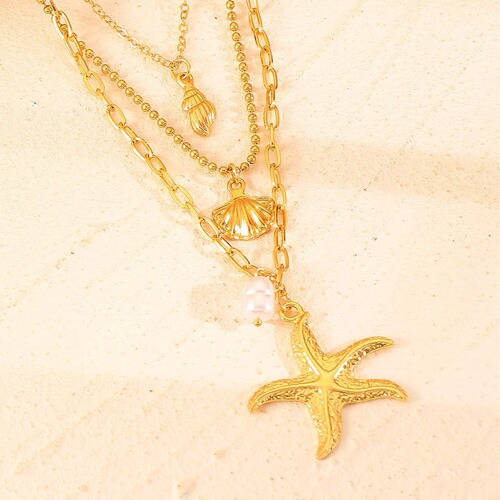 European and American alloy three-layer starfish pearl pendant necklace for women, Bohemian shell ocean accessory, cross-border jewelry
