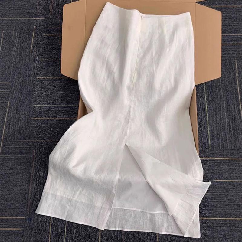 Highly Recommended! Old Money Style Simple and Relaxed White Linen Skirt for Women, French High-Waisted Slit Straight Long Skirt