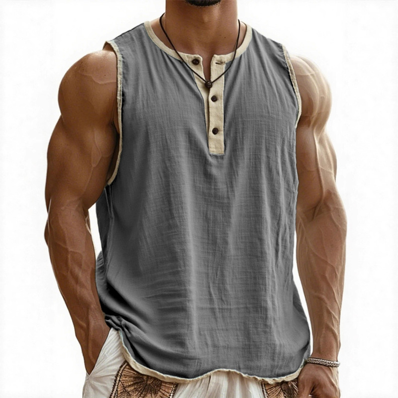 Amazon Cross-Border European and American New Men's Linen Shirt V-Neck Button-Up Top with Contrasting Edges Casual Cotton-Linen