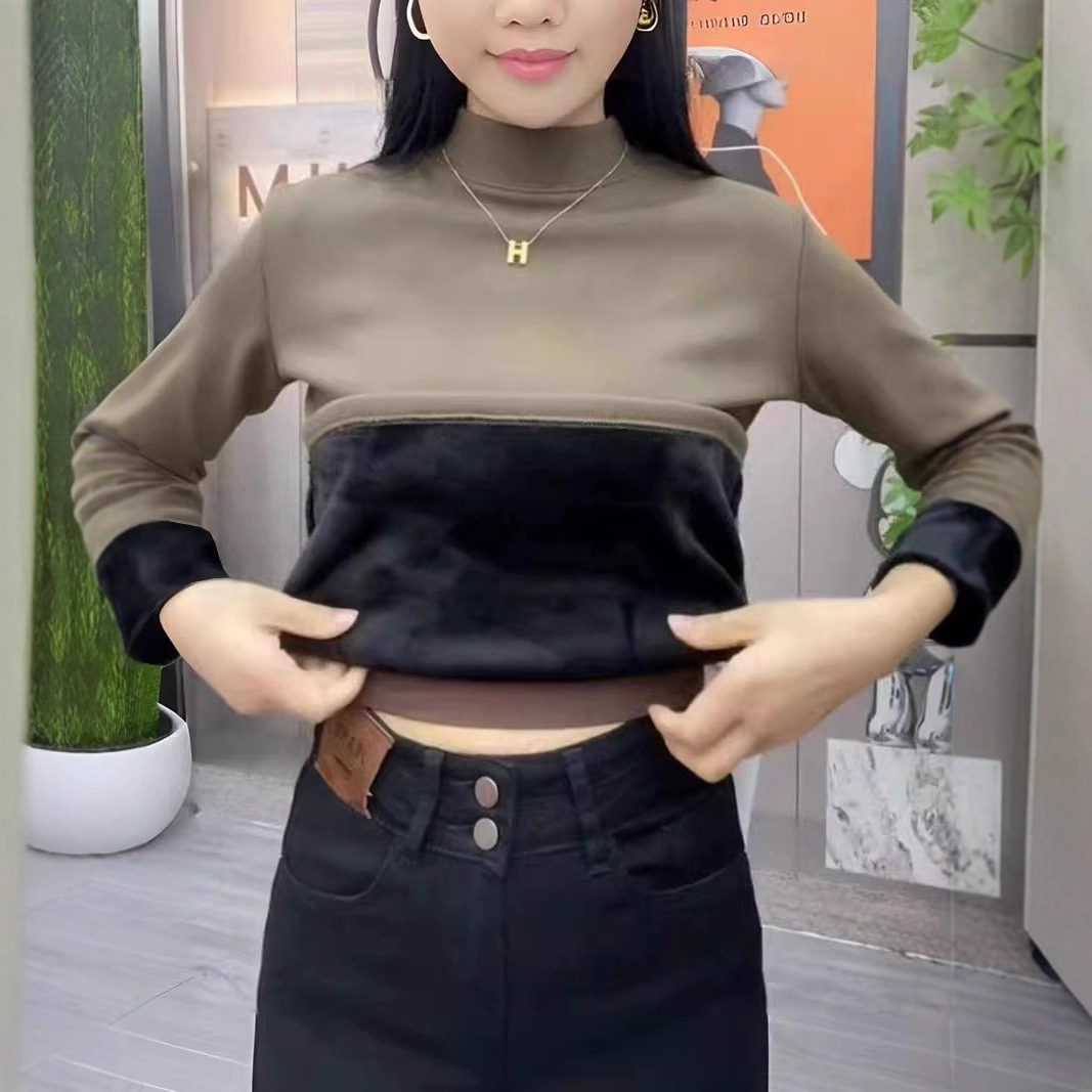 加绒加厚半高领打底衫女秋冬季保暖内搭一体绒中领长袖t恤上衣服