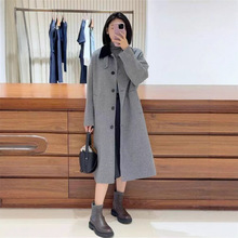 法式小众25冬日格雷系 灰色翻领落肩廓形中长款双面羊毛呢大衣外
