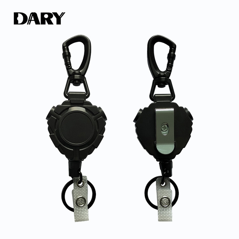 New Cross-Border American-Style Shield-Shaped Heavy-Duty Multi-Functional Black Retractable Id Holder Keychain Easy-Pull Buckle