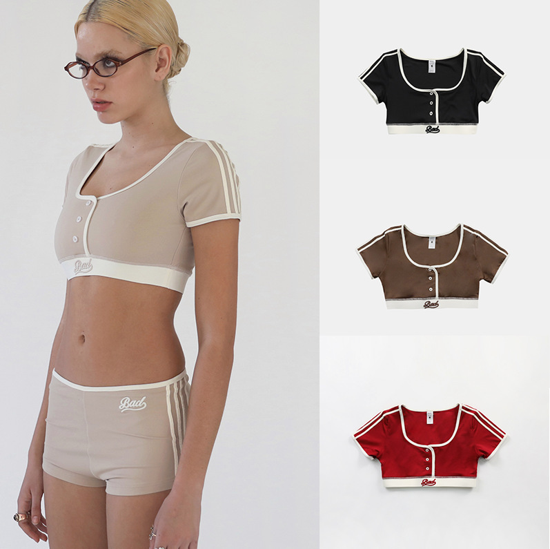 badblood Spice Girl Short-sleeved Bra Women's Embroidered Navel T-shirt Slim-fit U-collar Button Short-sleeved Top with Letter Side