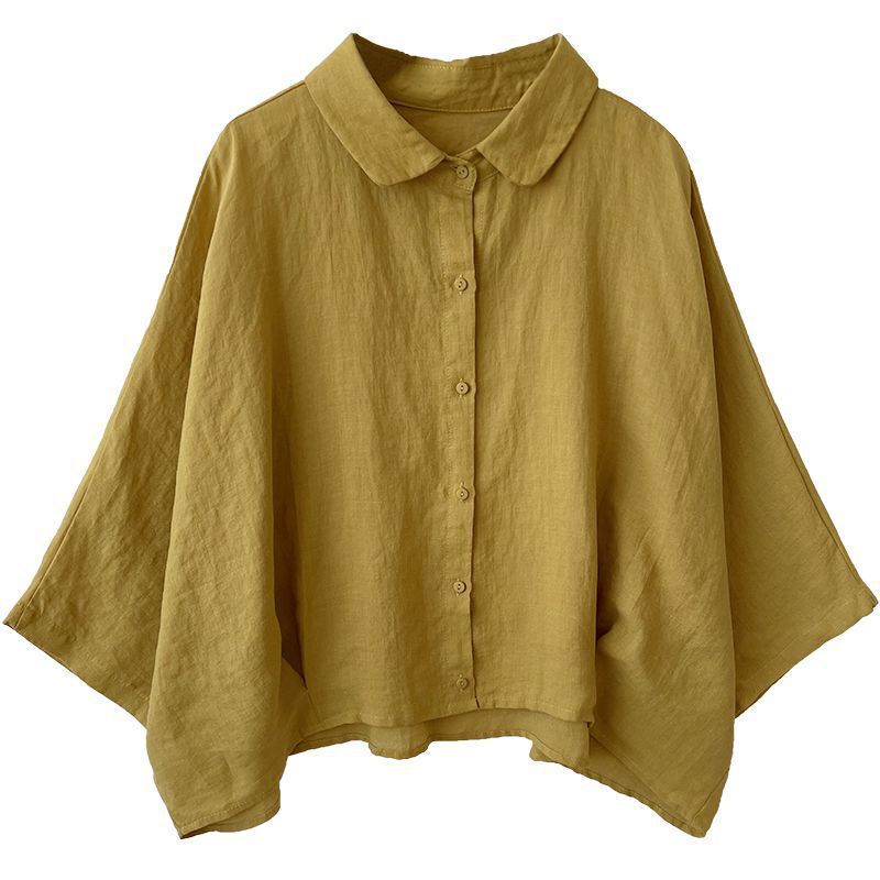 2026 Summer New Style Three-Quarter Sleeve Batwing Sleeve Shirt, Loose Plus-Size Slimming Doll Collar Cardigan, Age-Reducing Internet Celebrity Style