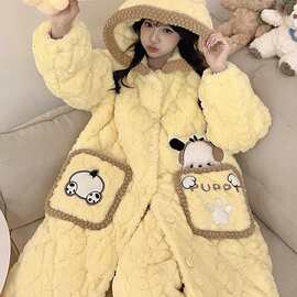 冬季新款保暖穿三层夹棉睡衣加绒加厚卡通狗连帽保暖家居服睡袍女