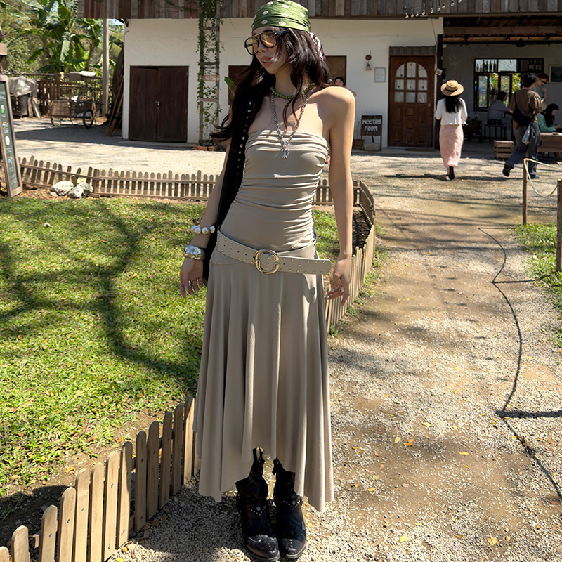 "3.15 Spring/Summer New Collection Mmfish Ruched Asymmetrical Slim Fit Tube Top with Studded Belt Skirt 26Q167 "