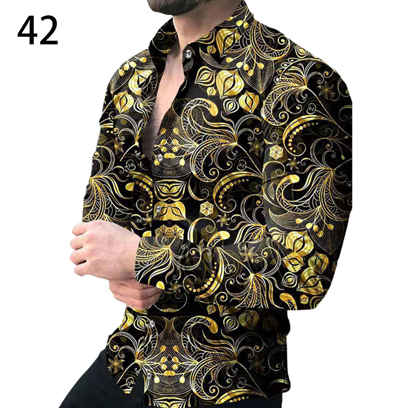 Comercio exterior 2023 primavera nuevos hombres gradiente de impresión digital solapa camisa de manga larga camisa casual de los hombres