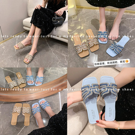 Foreign trade plus size flat slippers women 2025 summer new solid color lightweight rhinestone decorative ladies sandals and slippers wholesale