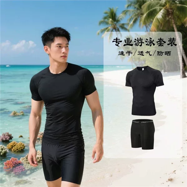 Men's Swimsuit Set, Short-Sleeved Swimming Top, Swimming Gear, Swimming Trunks, Boxer Shorts, Anti-Embarrassment, Professional for Hot Springs