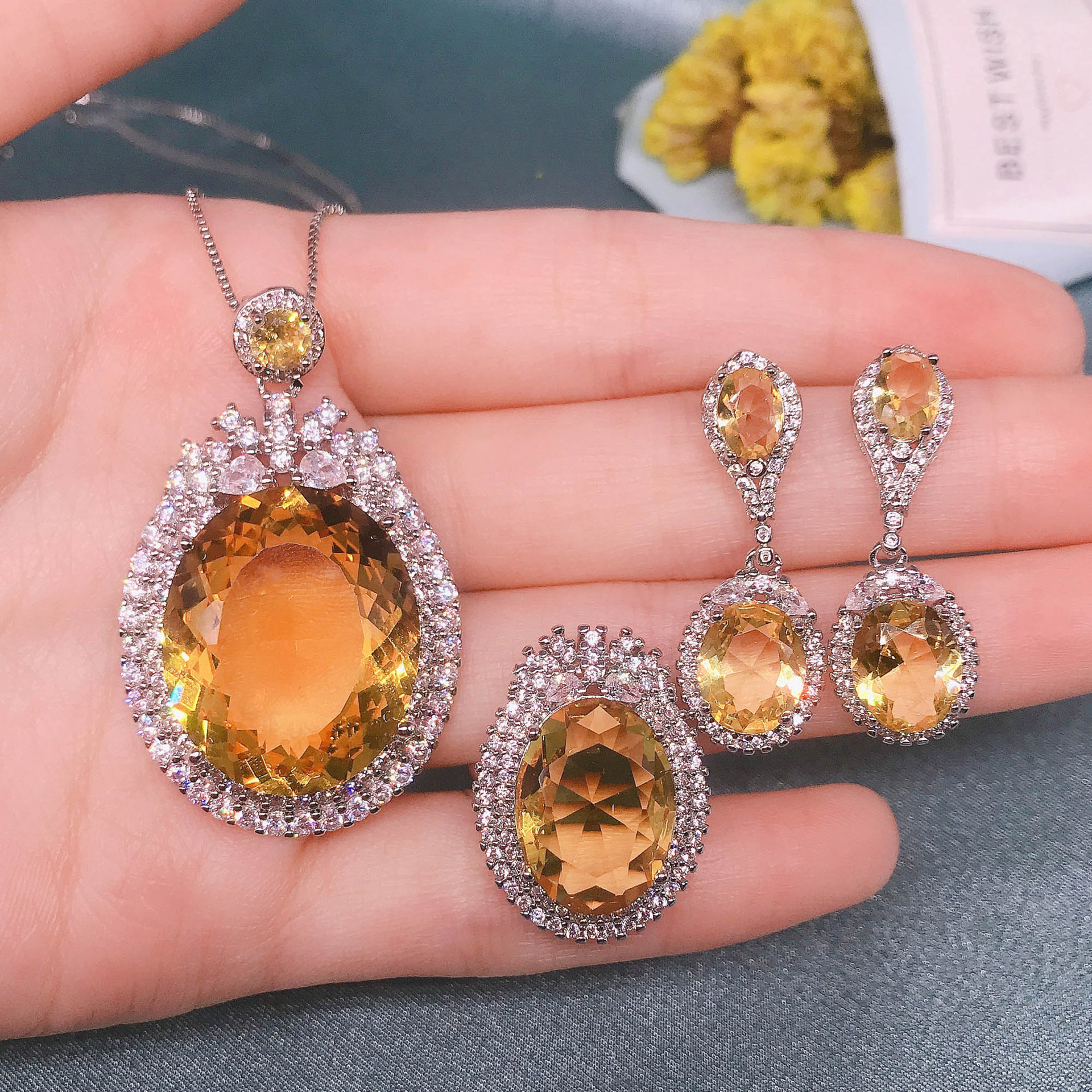 Pigeon Egg Golden Diamond Color Pendant Long Earrings Open Ring Female Wholesale display picture 7