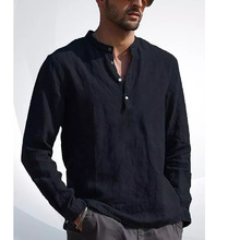 2021速卖通wish亚马逊欧美男士长袖V领休闲沙滩亚麻衬衫男装