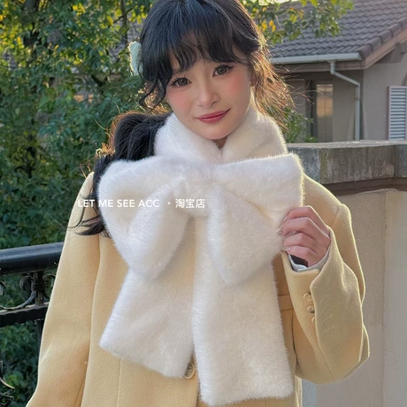 大蝴蝶结毛毛围脖女可爱甜美少女纯色秋冬季防寒百搭围巾保暖脖套
