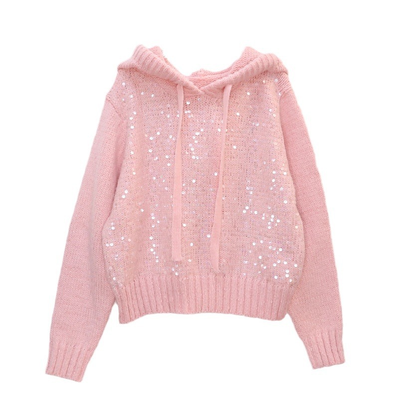 Women's Clothing light luxury sequined hooded sweater autumn and winter high end temperament versatile warm long sleeved knitted sweater women's trend_voghion.com