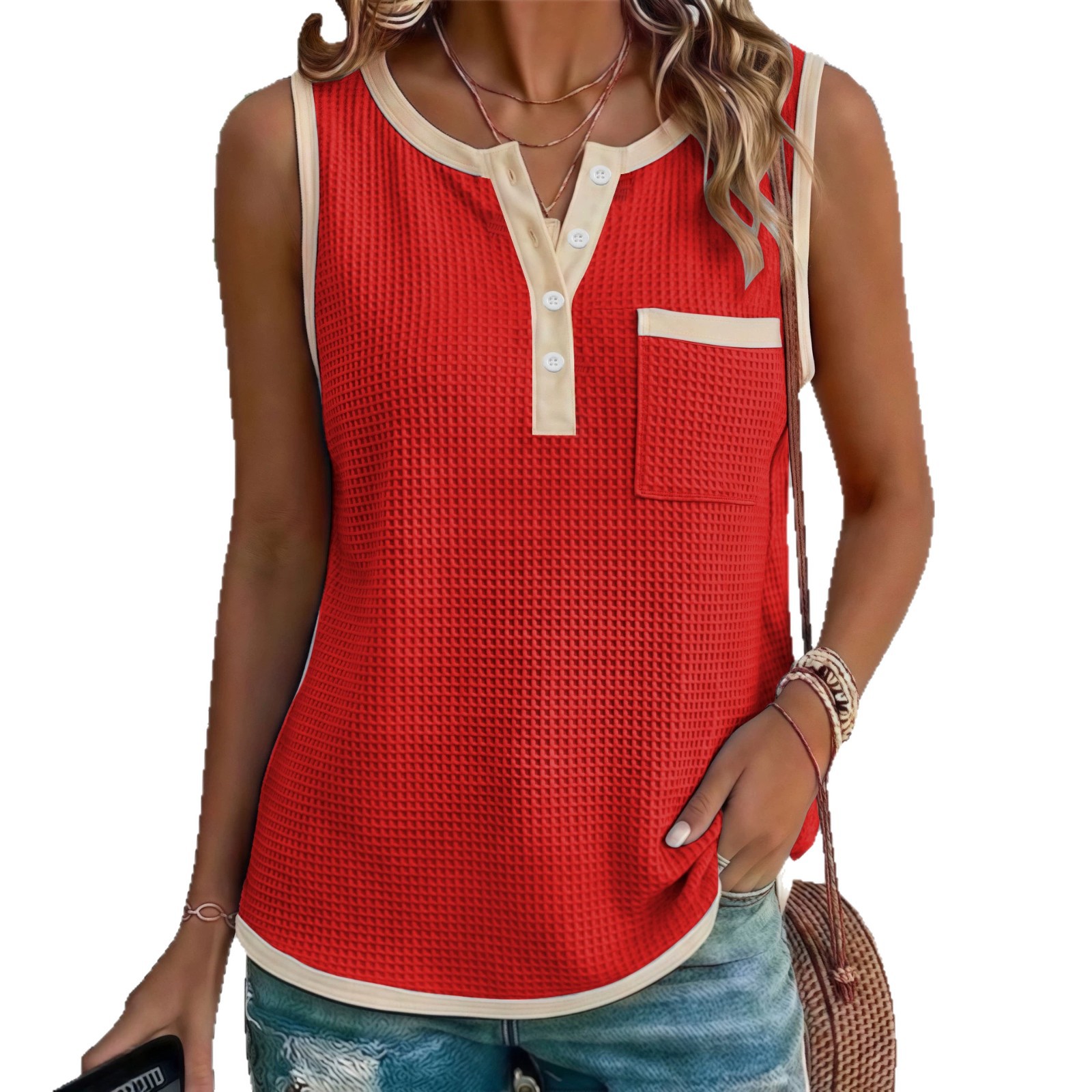 2026 Summer New European And American Fashion Casual Solid Color Waffle Splicing Women's Tank Top_ecoleips.com