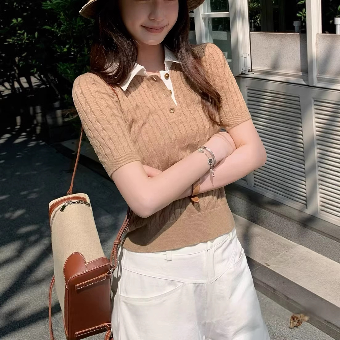 2026 Spring Retro Polo Collar Cable Knit Short Sleeve Old Money Shoulder Slim Fit Top