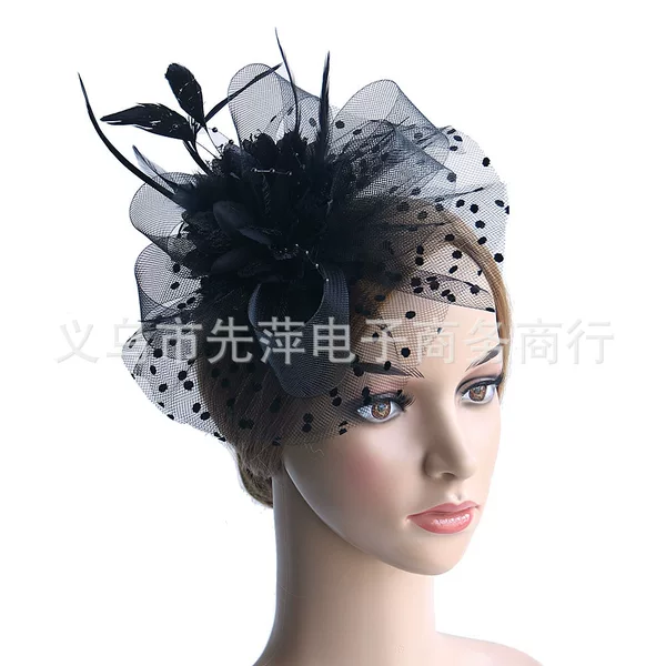 Amazon new feather headdress European and American bridal polka dot flower hair accessories party photo horse racing bowler hat headdress