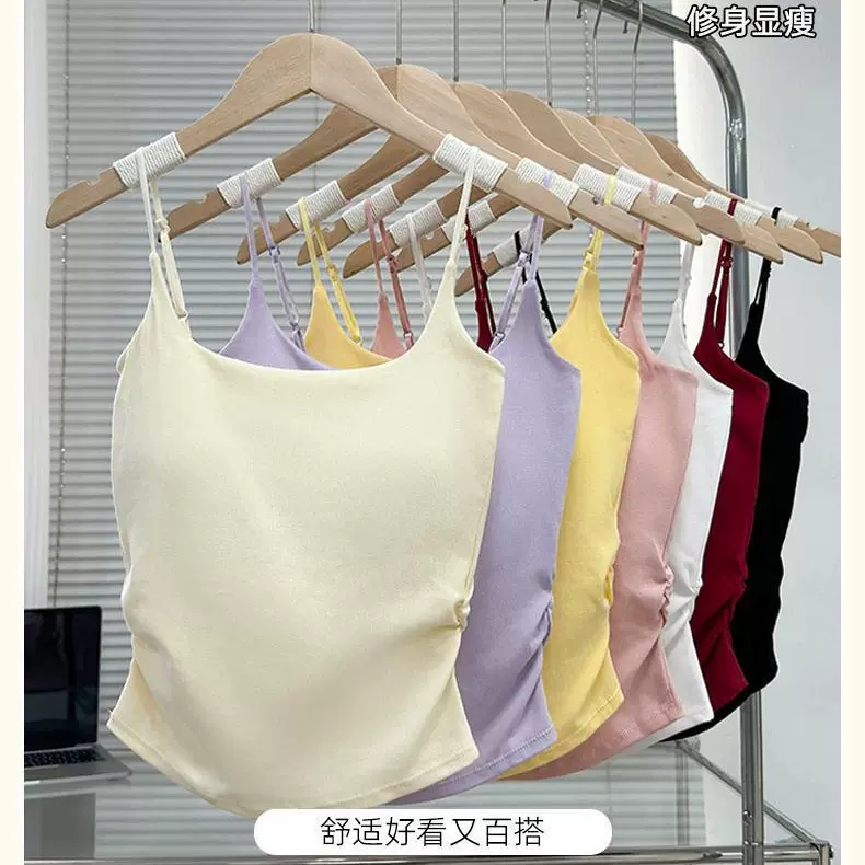 爆款优质人棉吊带背心女褶皱收腰细肩带内搭带胸垫无袖显瘦上衣夏