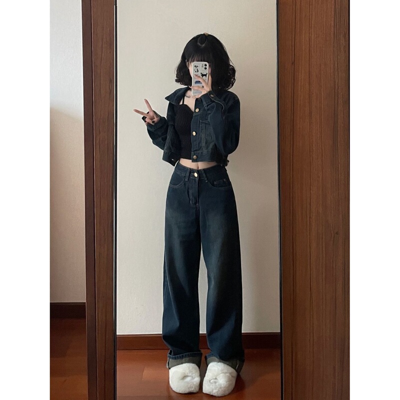 Vintage Petite Casual Jacket Set Spring and Autumn Denim Jacket Women's New Wide-Leg Pants Two-Piece Trendy Hot Girl
