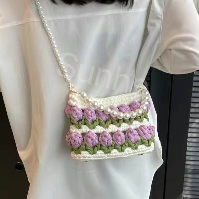 Bolsa de tejido DIY hecha a mano, bolsa de Tulip, tela casera, línea de ganchillo, bolsa de material DIY