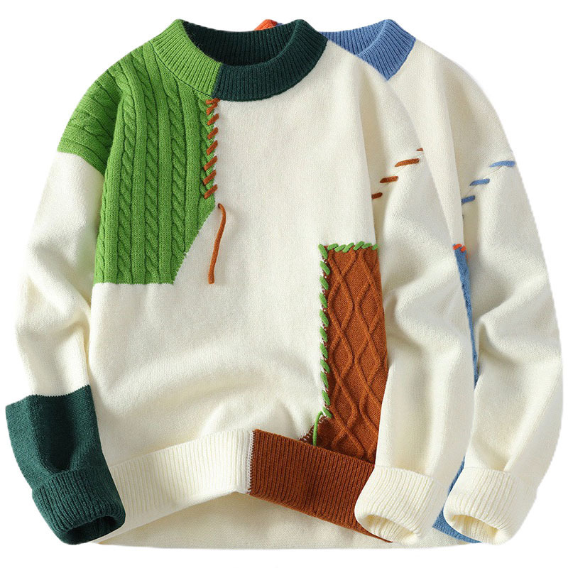 Cross-Border Popular European Size Large Size Hand-Sewn Color Block Splicing Tassel Knitted Sweater for Men and Women Autumn and Winter Soft and Waxy Factory Wholesale