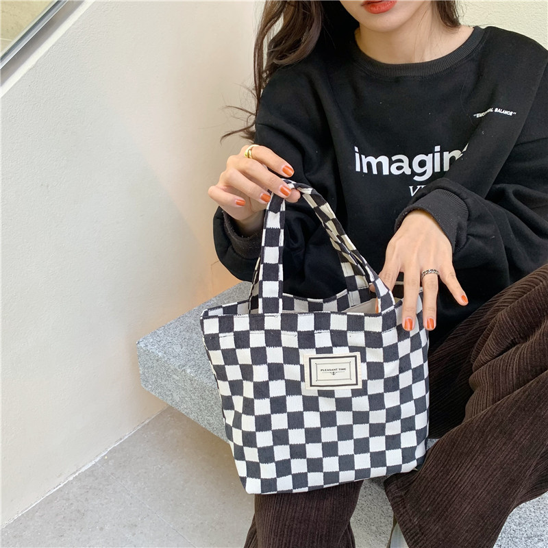 11261 Corduroy checkered hand-held bento Bag, ins Artistic Retro Mommy Bag, small carrying bag for going out, lunch box bag undefined
