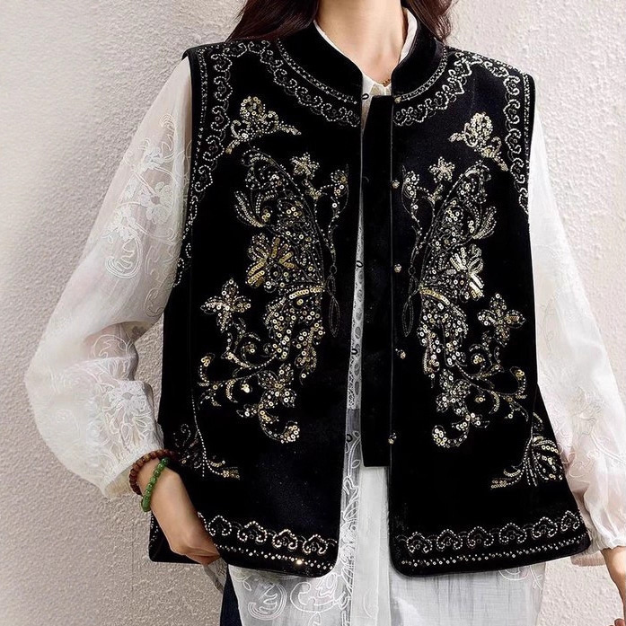 New Chinese Style Heavy Beaded Embroidery Velvet Vest Women's Versatile Autumn New Fashionable Vest Top