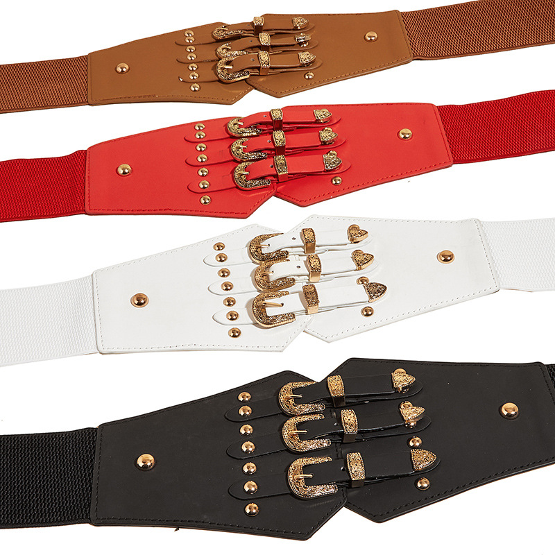 Three piece buckle waist seal with shirt decoration down jacket women's elastic rivet waist wide belt women's belt_voghion.com