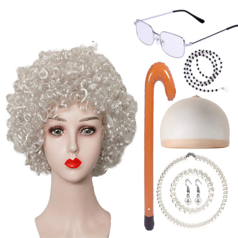 Peluca de la abuela de Halloween COS anciana cabello rizado corto de mediana edad y anciano abuelo bosquejo rendimiento peluca traje
