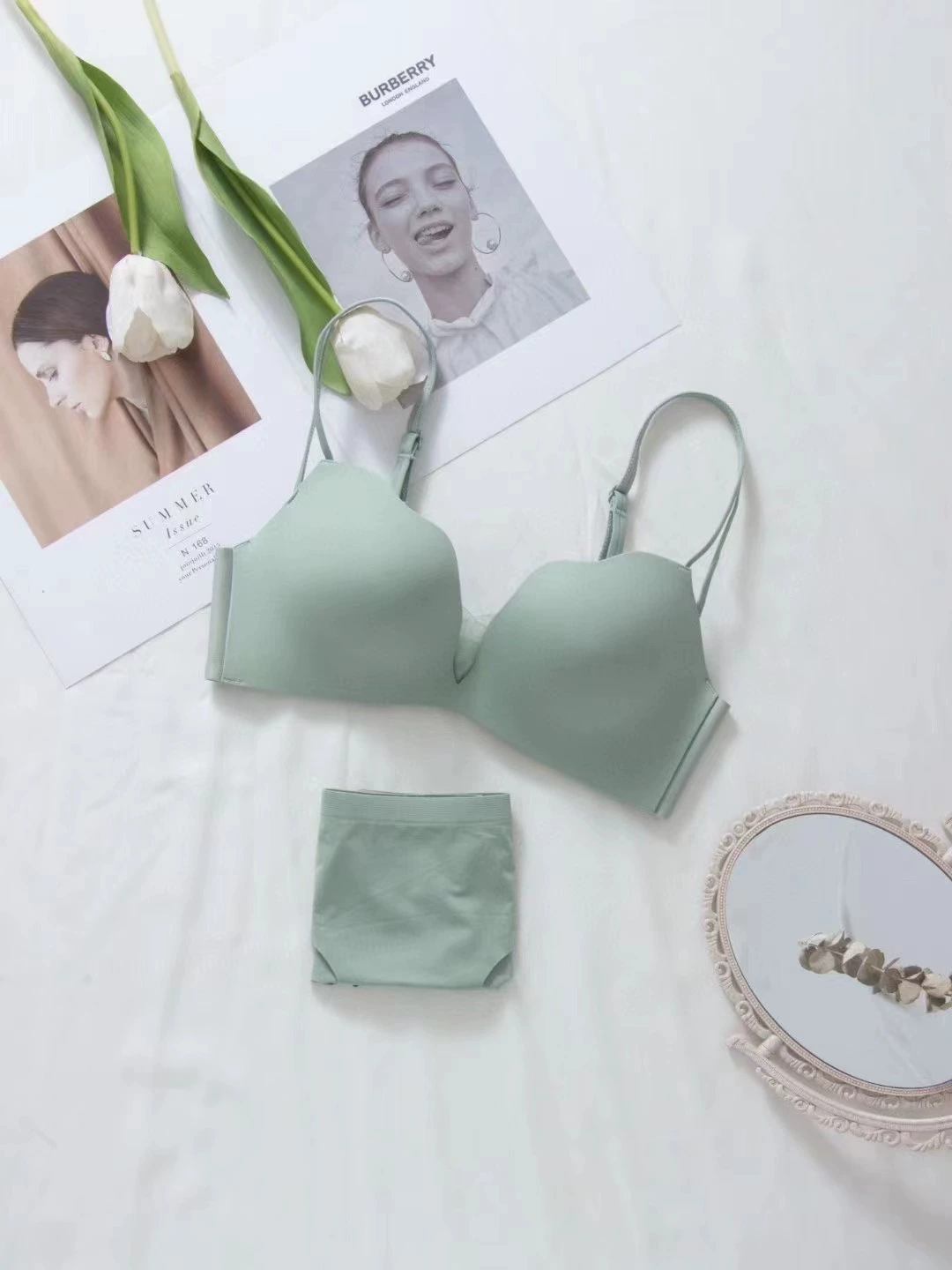Summer sexy glossy set, supporting wireless bra, underwear