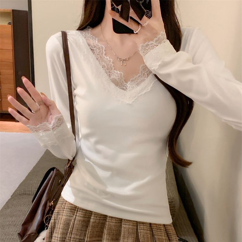 Lace Base Shirt for Women, Autumn Tight-Fitting Long-Sleeve T-Shirt, Pure Desire Style V-Neck Tea Art White Top, Foreign Trade Cross-Border