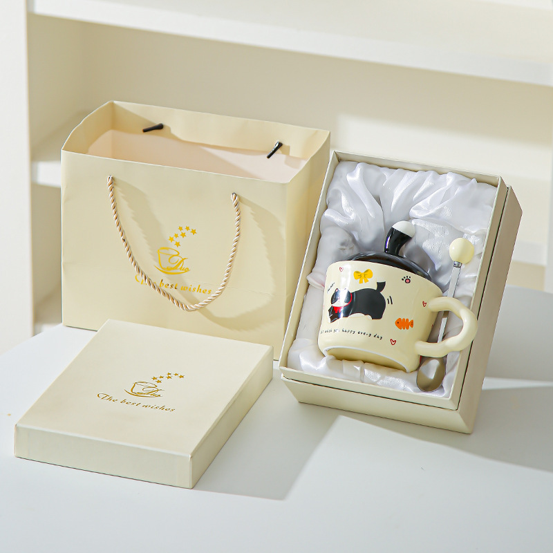 Divertido gato de dibujos animados tazas con cubierta de oficina adorable ins tazas de cerámica tazas de regalo creativas personales