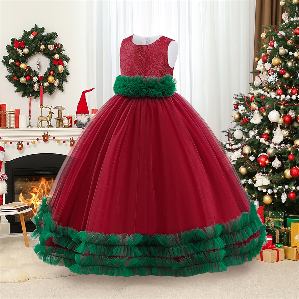 Amazon nuevo Navidad Nochebuena fiesta banquete vestido mediano y grande niños malla bordado vestido princesa vestido en stock