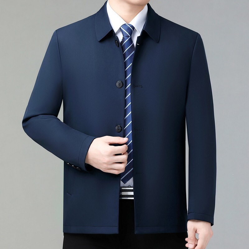 Men's Silk Jacket with Visible Buttons, Thin Style for Spring and Autumn, Business Casual Jacket for Middle-Aged and Elderly Men, Versatile Turn-Down Collar Outerwear