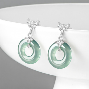 Natural A goods jade blue water jade ring earrings ice jade stone S925 silver inlaid women's high-end fashion earrings