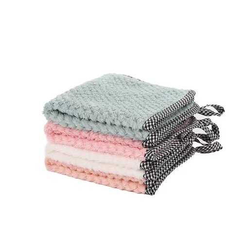 Microfiber Sponge Dish Towel, Wash Cloth with Fringe Coral Pom Pom Pattern, Non-Slip, Absorbent, Hairless, Kitchen Cleaning Cloth, Wholesale