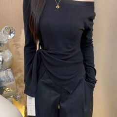 大码韩系条纹不规则开叉斜肩长袖T恤女春秋新款胖mm收腰显瘦上衣