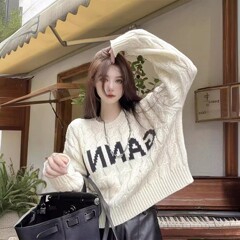 カレッジスタイルラウンドネックプルオーバーレタールーズセーターレディース秋冬デザインニッチレイジースタイルニット長袖トップ