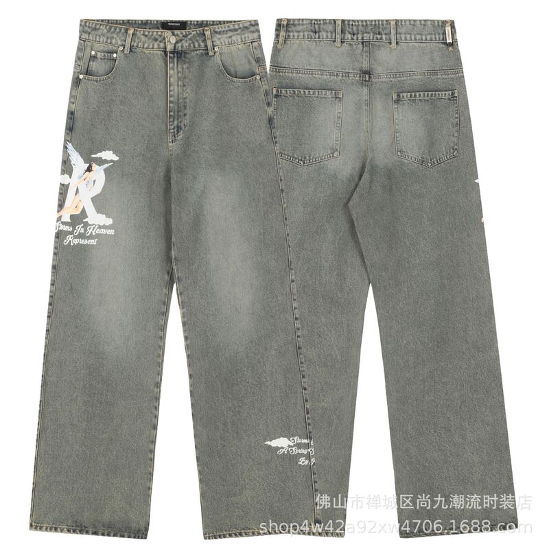 Trendy Brand REPRESENT Angel Jeans American Style High Street Washed Old Vibe Style Straight Trousers for Men and Women Trendy Brand REPRESENT Angel Jeans American Style High Street Washed Old Vibe Style Straight Trousers for Men and Women